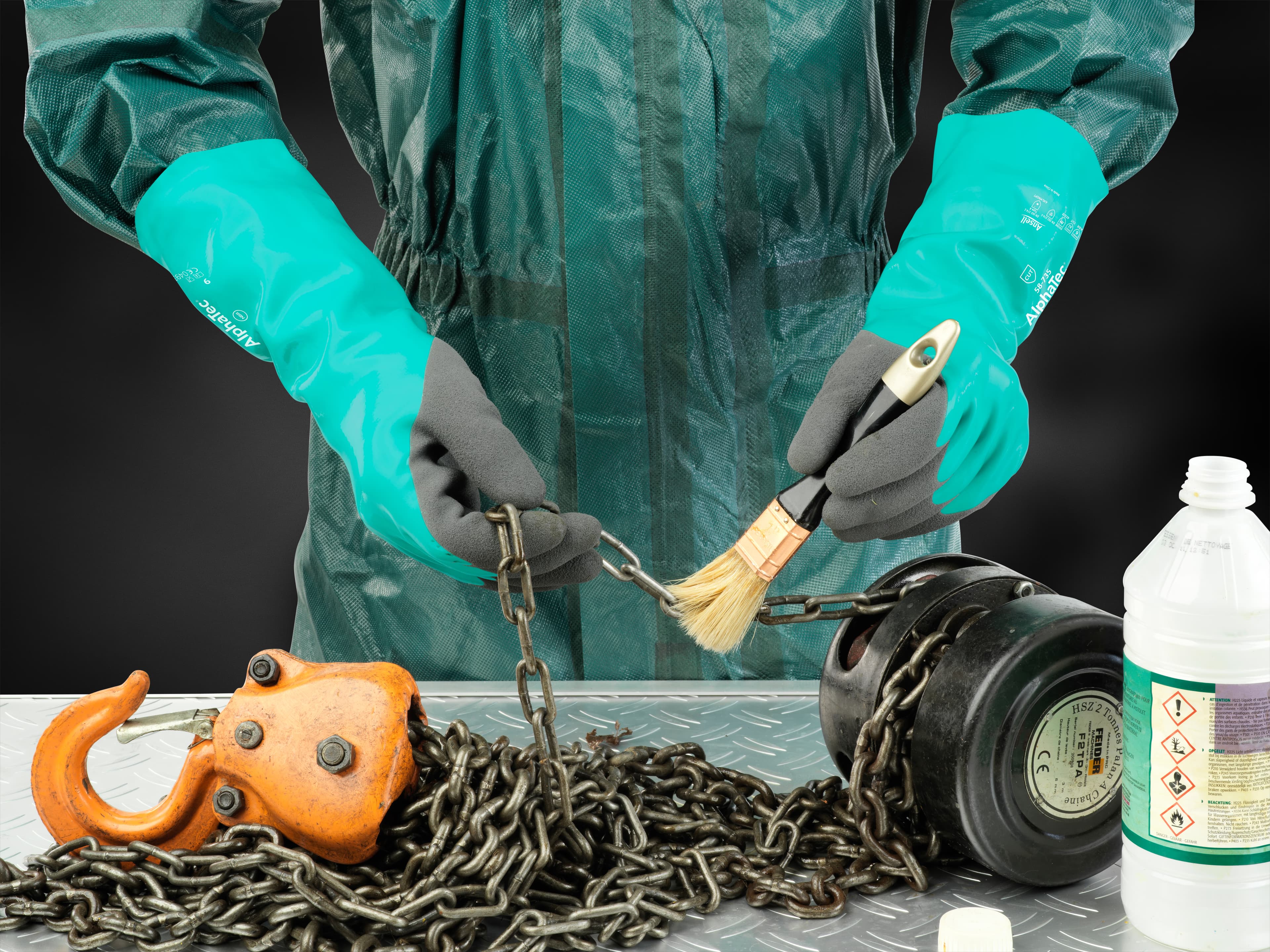 AlphaTec 58-735 chemical-resistant glove with cleaning product prop