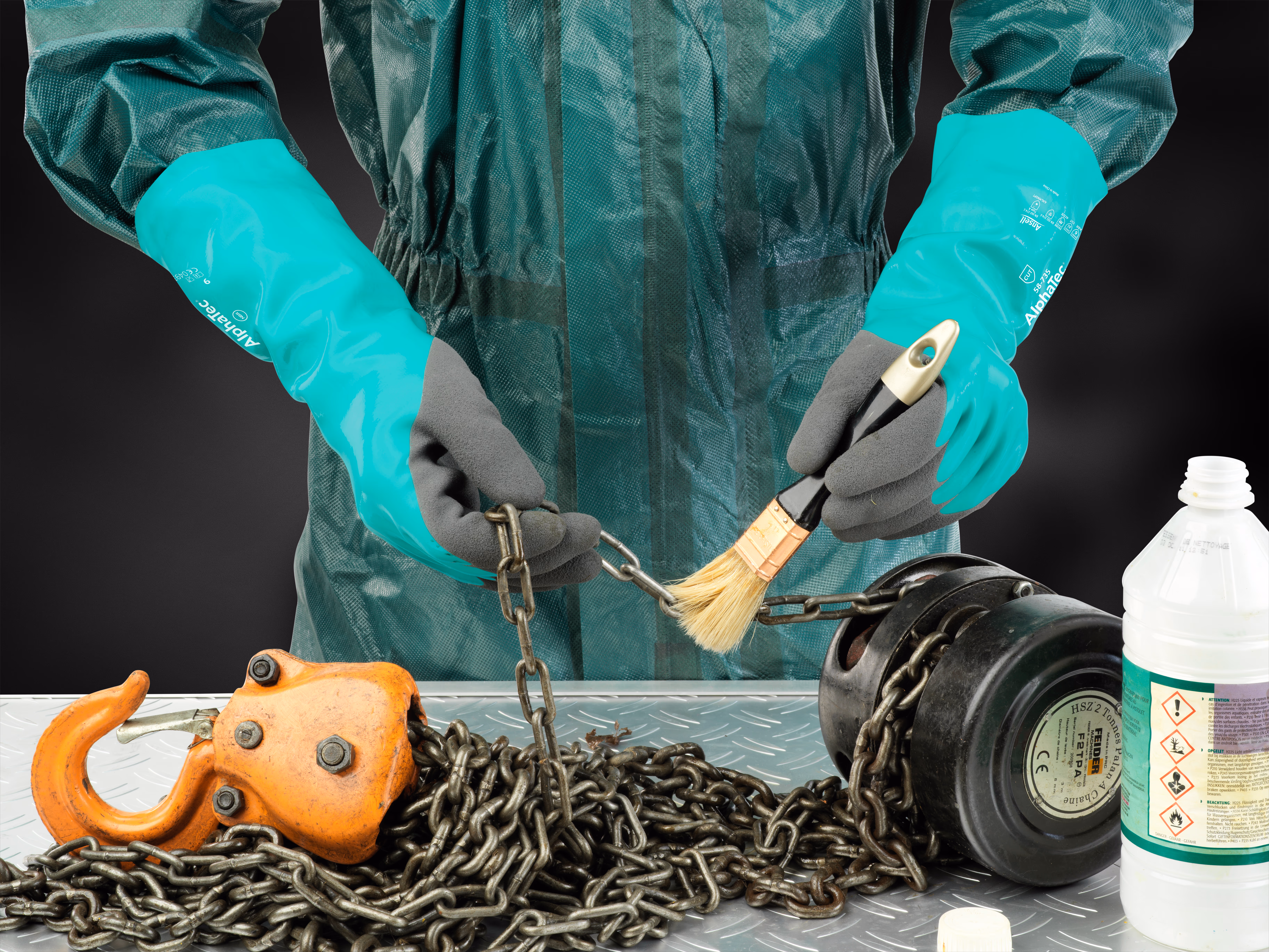AlphaTec 58-735 chemical-resistant glove with cleaning product prop