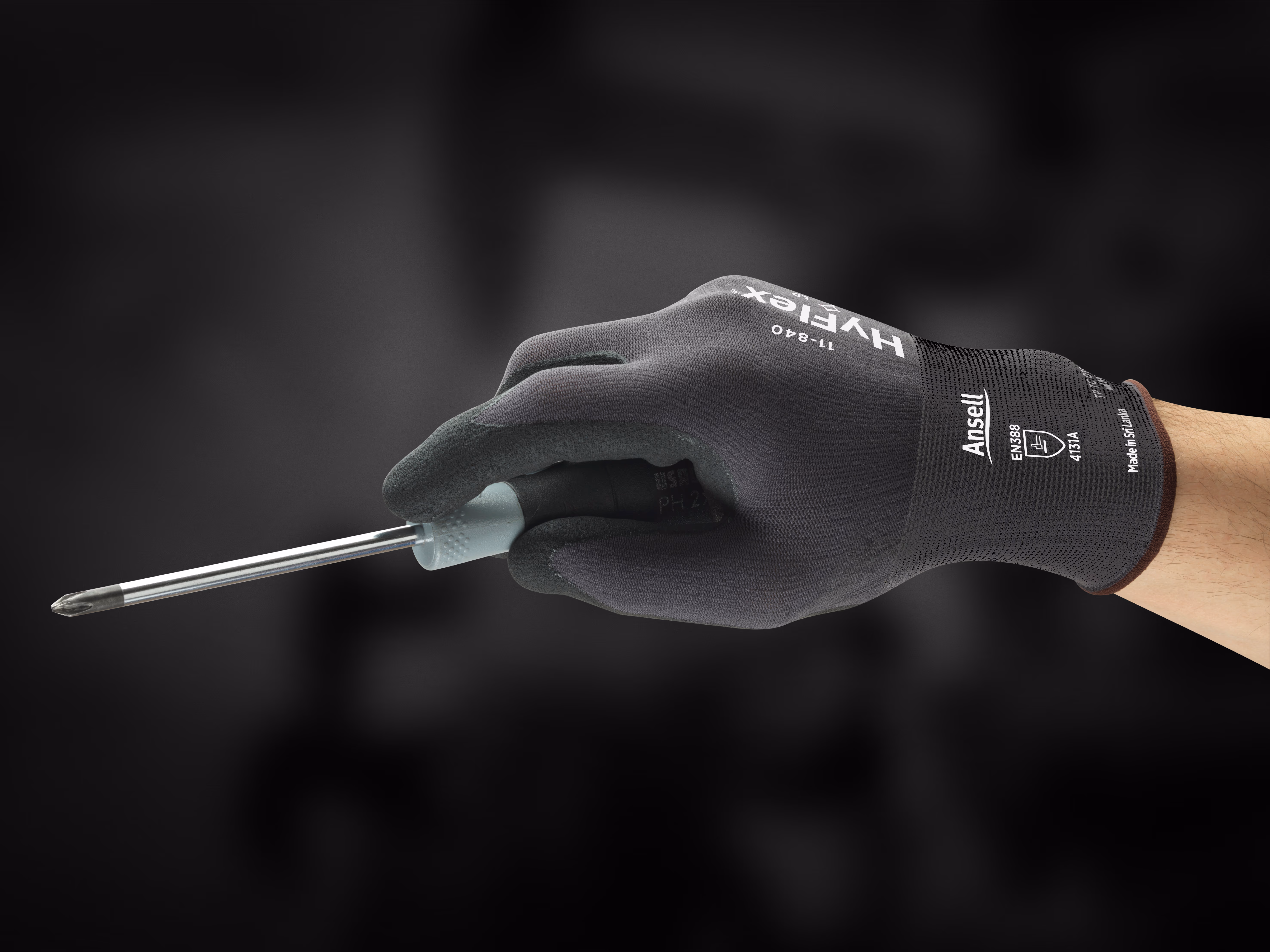 HyFlex 11-840 protective glove with screwdriver prop