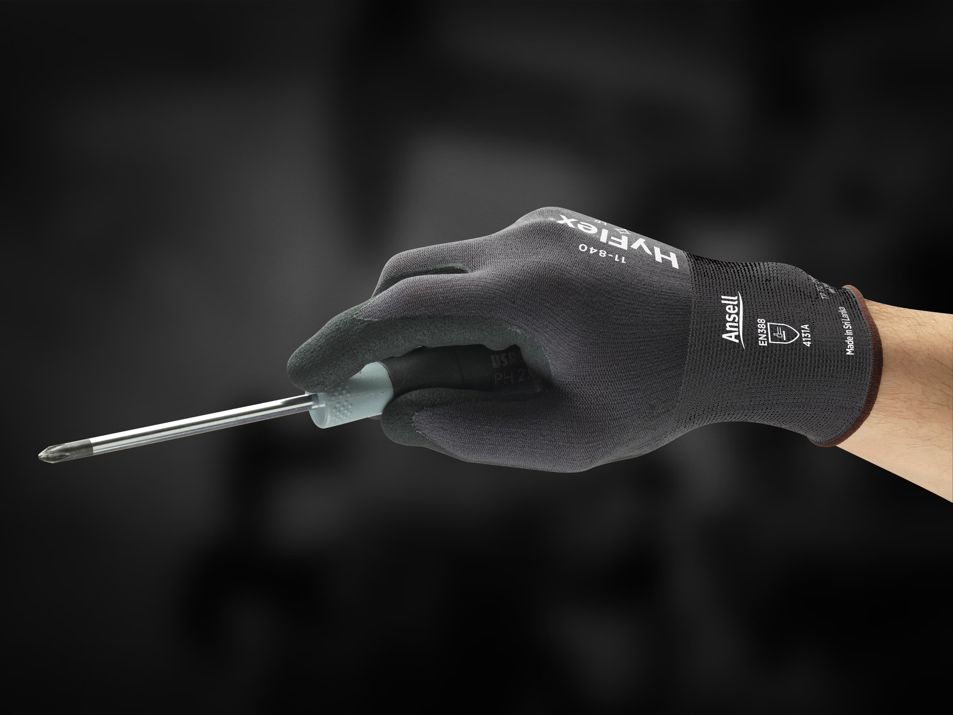 HyFlex 11-840 protective glove with screwdriver prop