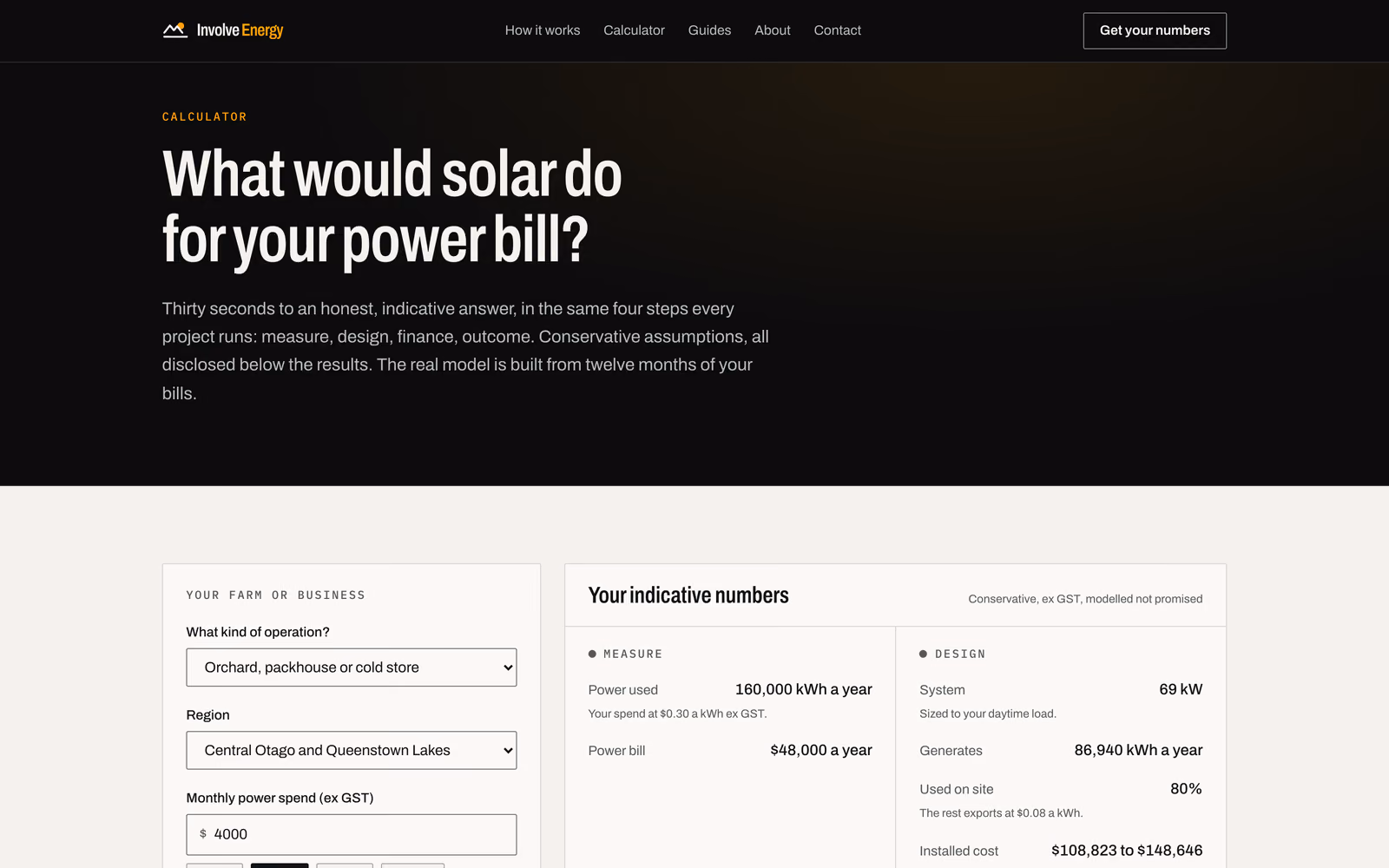 The calculator page, 'What would solar do for your power bill?', with the farm inputs and the indicative numbers side by side