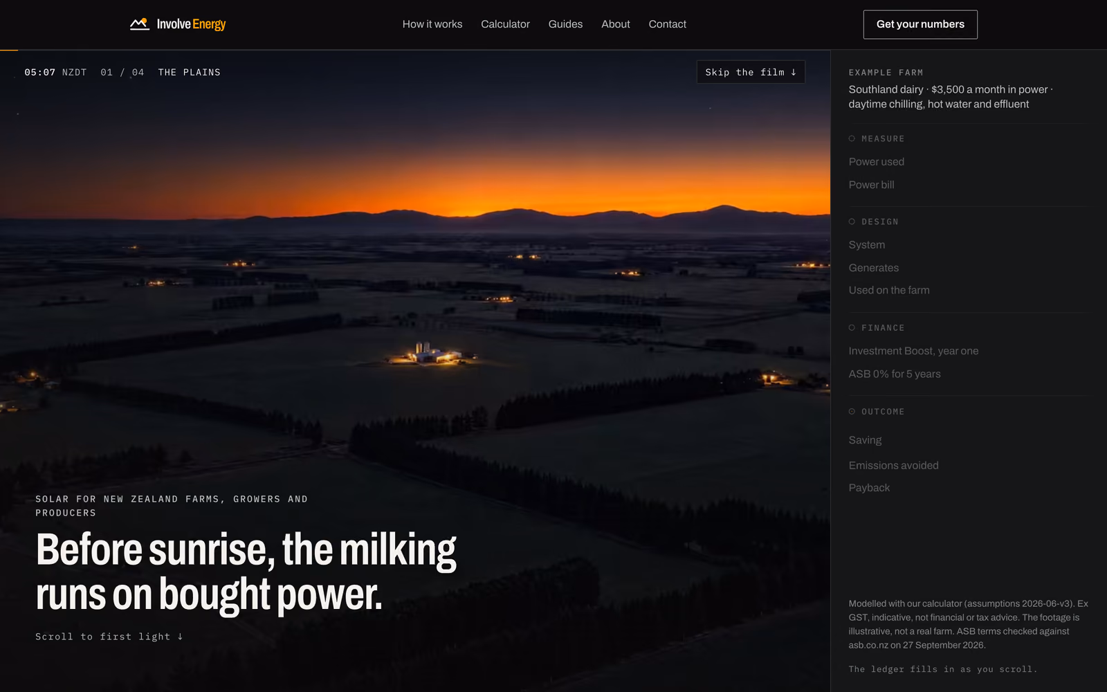 The homepage as it opens: a farm landscape before sunrise under 'Before sunrise, the milking runs on bought power', with the empty ledger beside it