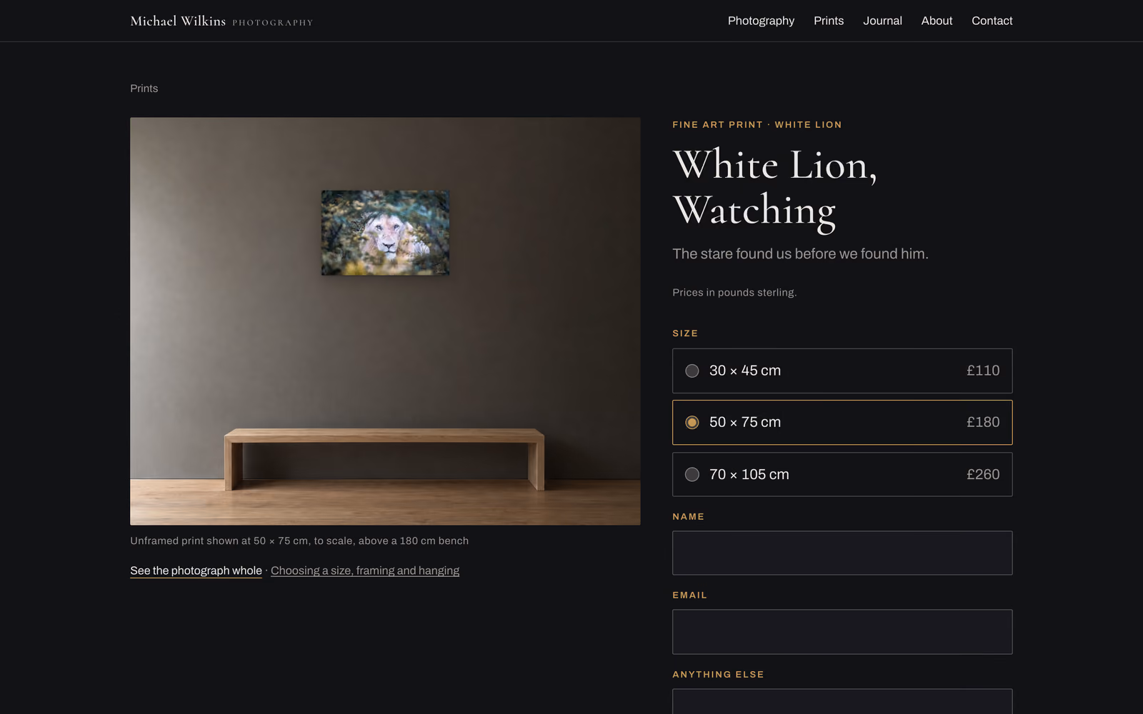 A print page: the white lion shown to scale on a wall above a 180 cm bench, with three sizes priced in pounds for a visitor in the UK