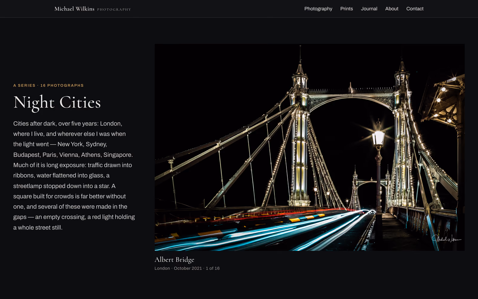 A series page, Night Cities: sixteen photographs, opening on Albert Bridge in London at night