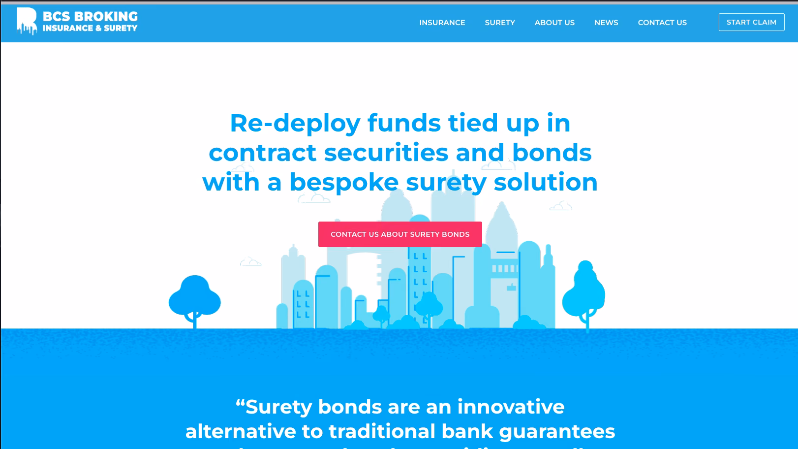 The previous BCS Broking website: a pale blue page with a cartoon city illustration under the headline about re-deploying funds tied up in contract securities.