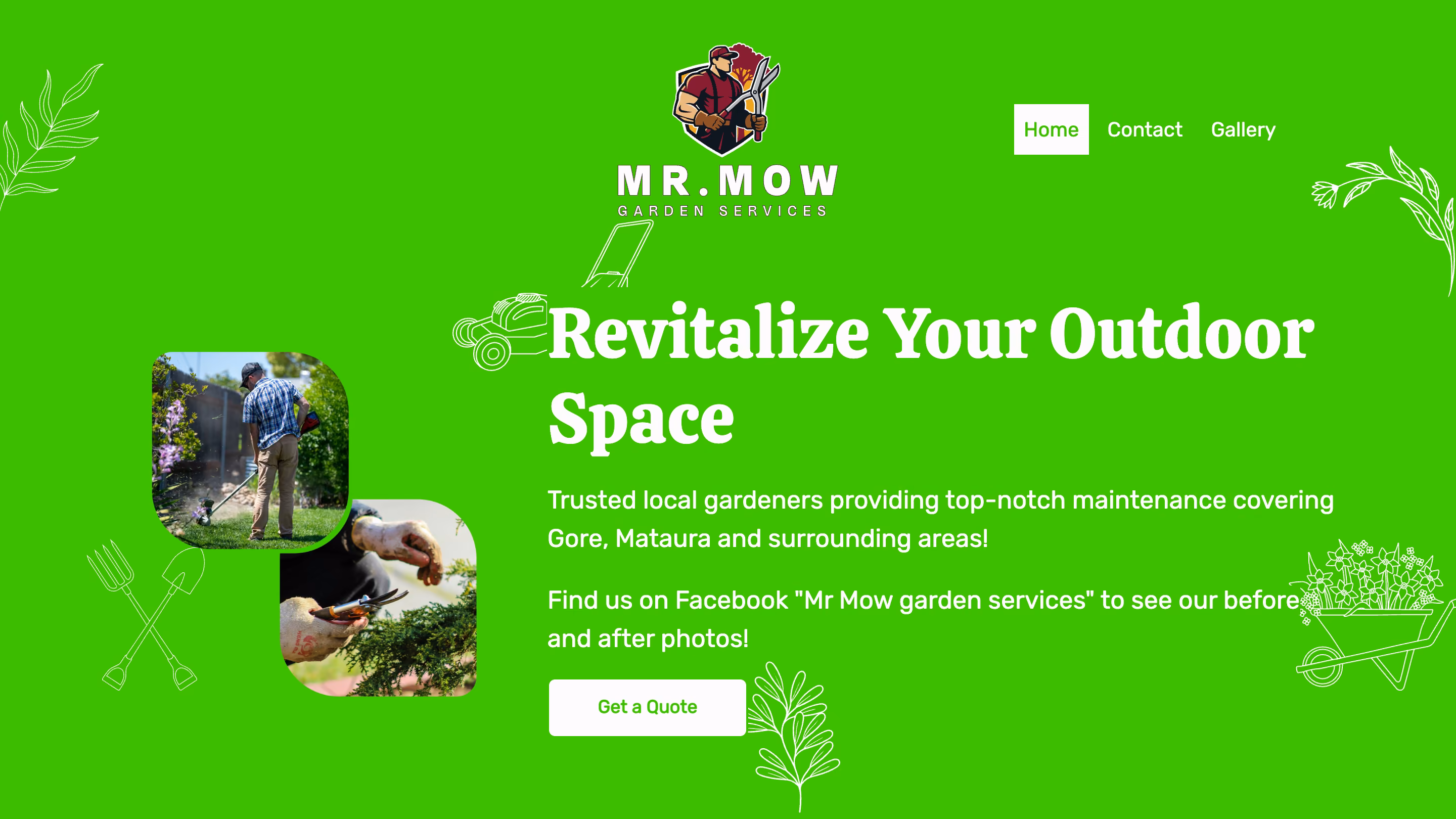 The old Mr Mow website: a bright green homepage with a three-item menu reading Home, Contact and Gallery.