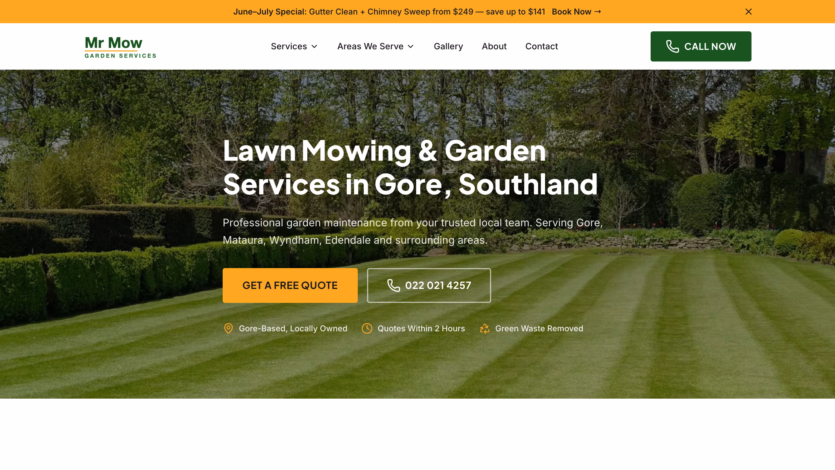 The rebuilt Mr Mow homepage: a photographic hero over a striped lawn, with quote and call actions and a six-item menu.